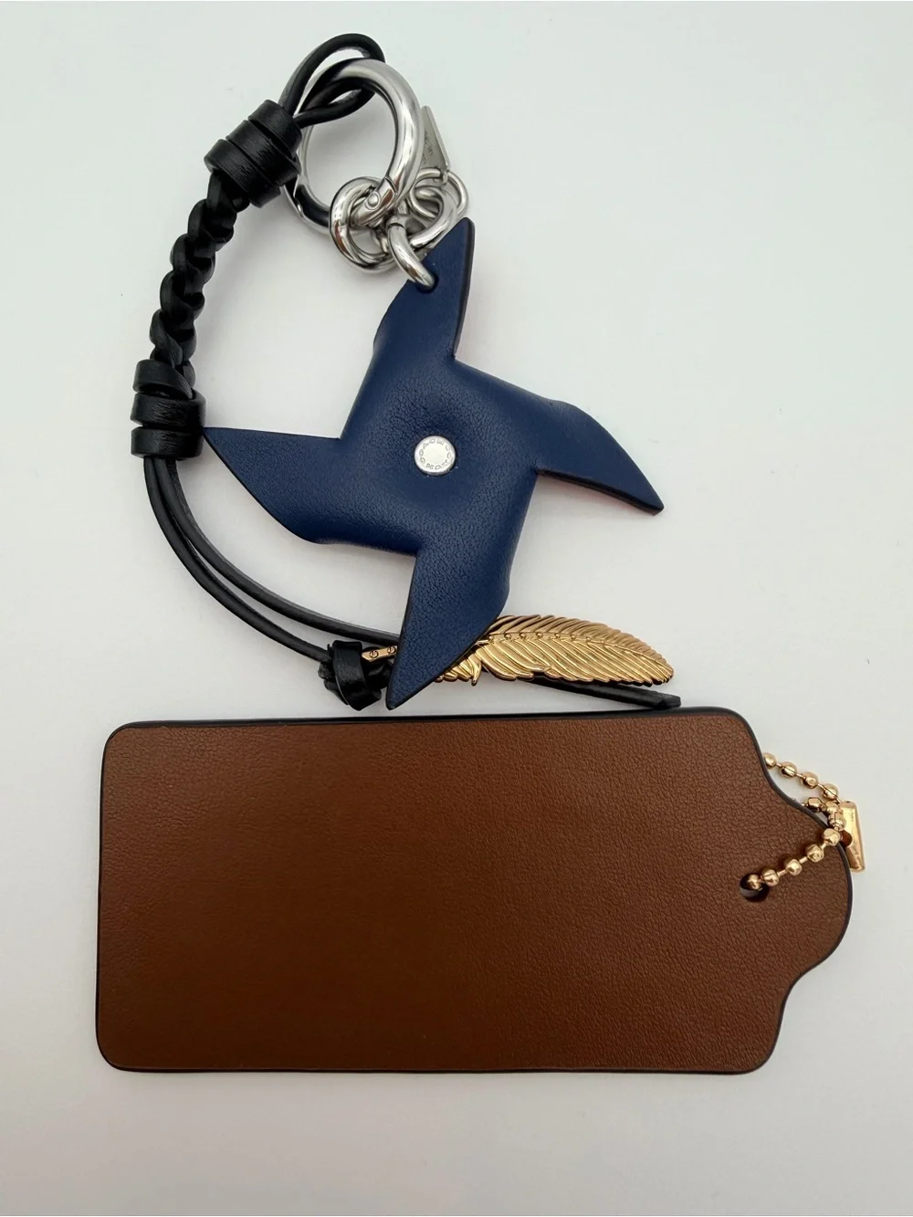 COACH Charm Hangtag Red & Navy Pinwheel Leather Keychain Charm